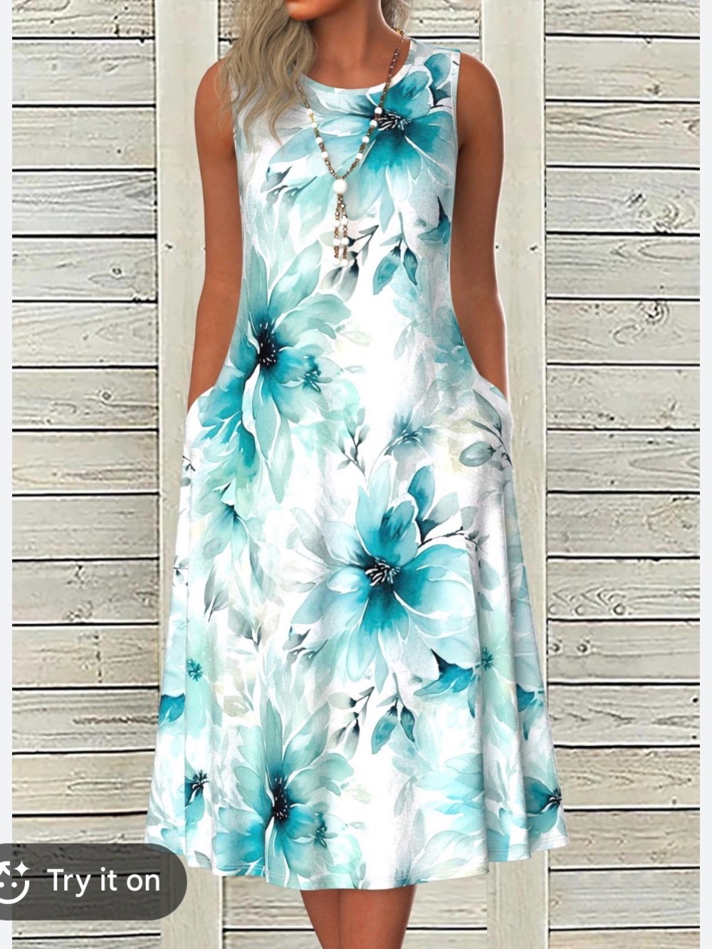 NWT Modlily Aqua Floral Tummy Coverage Sleeveless A-Line Midi Dress - Med